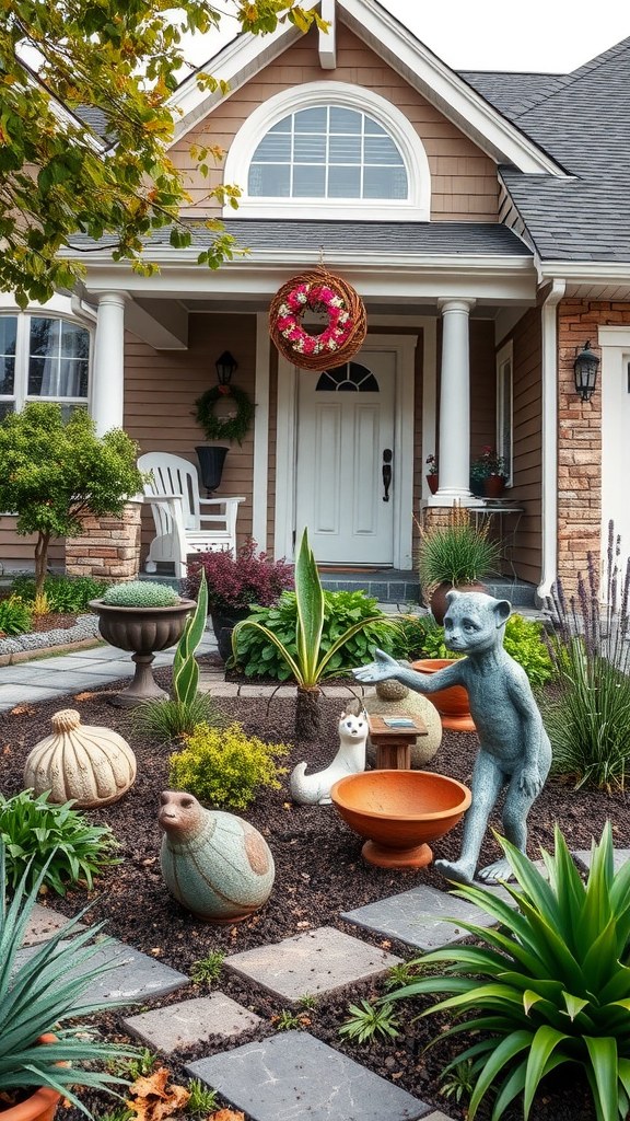 Front yard featuring artistic garden sculptures and decor with a whimsical statue and decorative elements.