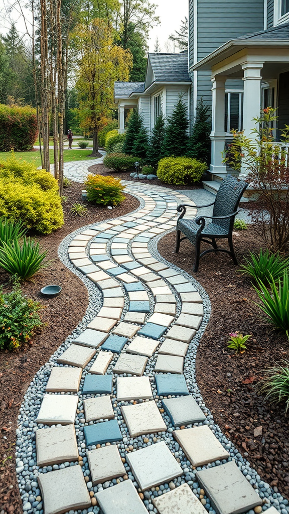 A winding decorative paver path surrounded by gravel and plants in a front yard.