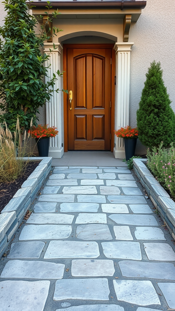 A beautiful stone walkway leading to a front door surrounded by greenery and flowers.