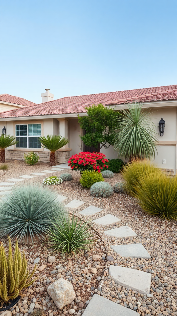 A front yard with xeriscaping featuring various succulents, colorful flowers, and a stone pathway.