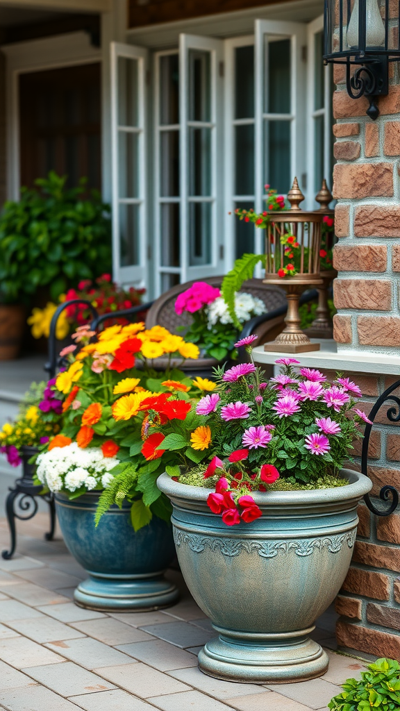 Colorful flower pots with various flowers on a porch